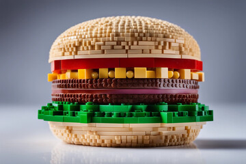 A hamburger made out of toy plastic brick blocks. Concept for artificial, man-made or imitation foods produced in laboratory using chemicals and other synthetic material. Unnatural, false, fake food. - obrazy, fototapety, plakaty