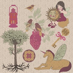 Vintage poster with unicorn, girl, heart, birds. Stickers on the theme of childhood, posters for the children's room, images for notebooks, T-shirts, posters.