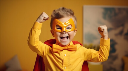 Funny little boy in superhero costume at home. Superhero concept