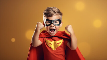 Little boy pretending to be a superhero. Portrait of cute kid in red cape and mask on yellow background