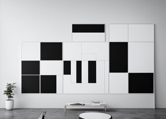 A minimalist oasis in the midst of chaos, the white desk adorned with a black and white board stands proudly against the wall, as the houseplant in a vase. 
