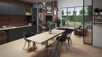 Industrial loft with a brick wall covered with paintings, parquet, a bay window overlooking a garden and modern furniture