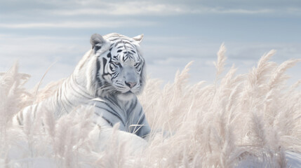 Albino Tiger Majesty in a Minimalist Snowy Meadow