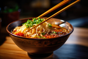A bowl of noodles with chopsticks. Generative Ai