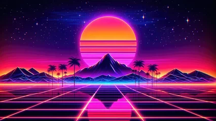 Papier Peint photo Univers Abstract retro sci-fi grid 80's, 90's neon colors night and sunset, vintage cyberpunk illustration, retro synthwave style neon landscape background.