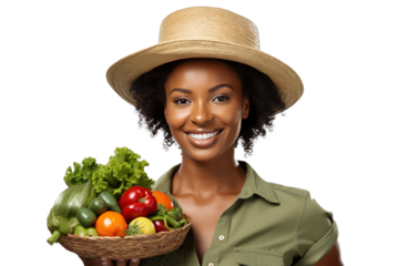 Black woman, vegetables box and agriculture, sustainability or farming for supply chain or agro business, background transparent