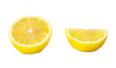 Fresh beautiful yellow lemon half with quarter in set isolated on white background with clipping path. Front view and flat lay