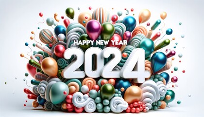 Happy New Year 2024 background, playful and colorful New Year celebration theme with balloons and confetti, showcasing the year 2024 in a fun and vibrant style.