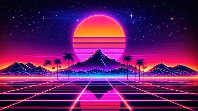 Abstract retro sci-fi grid 80's, 90's neon colors night and sunset, vintage cyberpunk illustration, retro synthwave style neon landscape background.