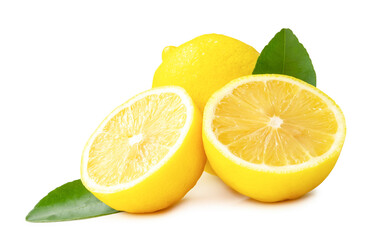 Whole fresh yellow lemon with halves and leaves in stack isolated on white background with clipping path