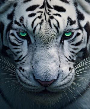 a close up of a white tiger with green eyes