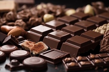 Assortment of chocolate. A tempting display capturing the delicious variety and decadence of different types of chocolate treats and sweets. - obrazy, fototapety, plakaty