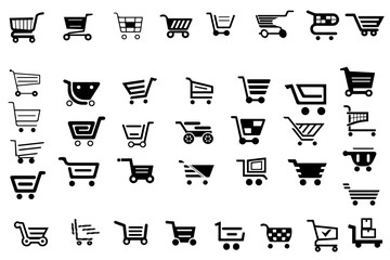 Latest trendy black shopping cart icon set. flat style outline icons. Full and empty shopping cart symbol, shop and sale.