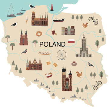 Fototapeta Color hand drawn illustrated map of Poland. Traditional buildings, street food, transport, animals, birds and symbols. Bright design for tourist posters, banners, prints