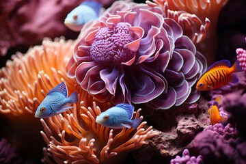 vibrant dependence of fish on coral for shelter and sustenance, embodying intricate food webs, symbiotic relationships, and balance within coral reef ecosystems - obrazy, fototapety, plakaty