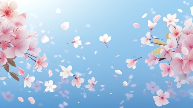 Cherry blossoms on a light blue and toned pink background. Close-up outdoor summer spring flower background template, air, light, delicate artistic image, free space