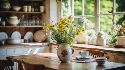 Kitchen interior with flowers in ceramic pots on the windowsill