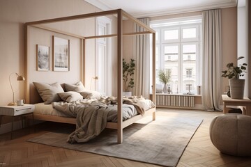 Fototapeta premium A Scandinavian-inspired bedroom with a canopy bed, muted color palette, and subtle geometric patterns for a dreamy atmosphere