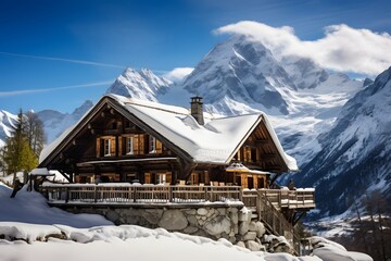 Fototapeta premium a beautiful scenic old wooden lodge house covered with snow on in rural on top of the snowy mountain in winters