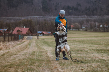 Young cynologist, a dog trainer trains a four-legged pet Australian Shepherd in basic commands using treats. Love between dog and human. Cuteness