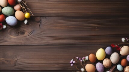 Naklejka premium easter caopy space wallpaper with easter eggs on wooden background