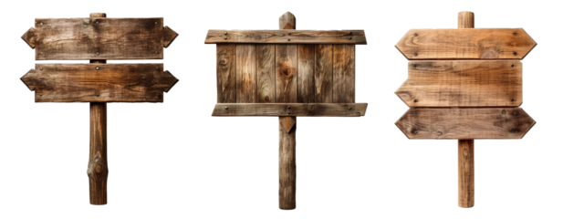Blank empty wooden rustic signage sign board signpost post wood on transparent background