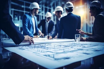 architects and engineers discussing at the table, construction engineers discussing, Architects engineer discussing at the table with blueprint - Closeup, construction blueprint
