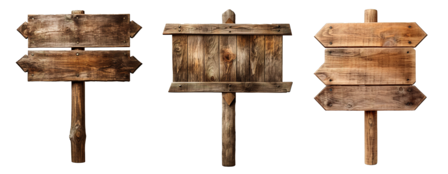 Blank empty wooden rustic signage sign board signpost post wood on transparent background