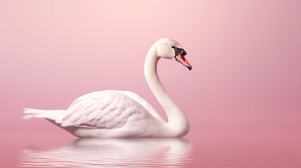 A serene swan with its wings partially open, set against a solid pastel pink background, evoking elegance and grace