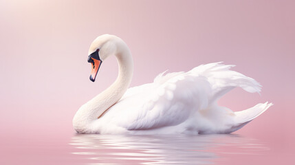 A serene swan with its wings partially open, set against a solid pastel pink background, evoking elegance and grace