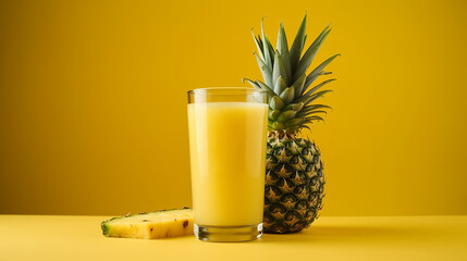 A tropical glass of pineapple juice, garnished with a pineapple wedge, against a solid bright yellow background