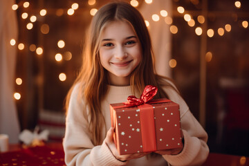 Fototapeta na wymiar a girl holding a red present with a red bow