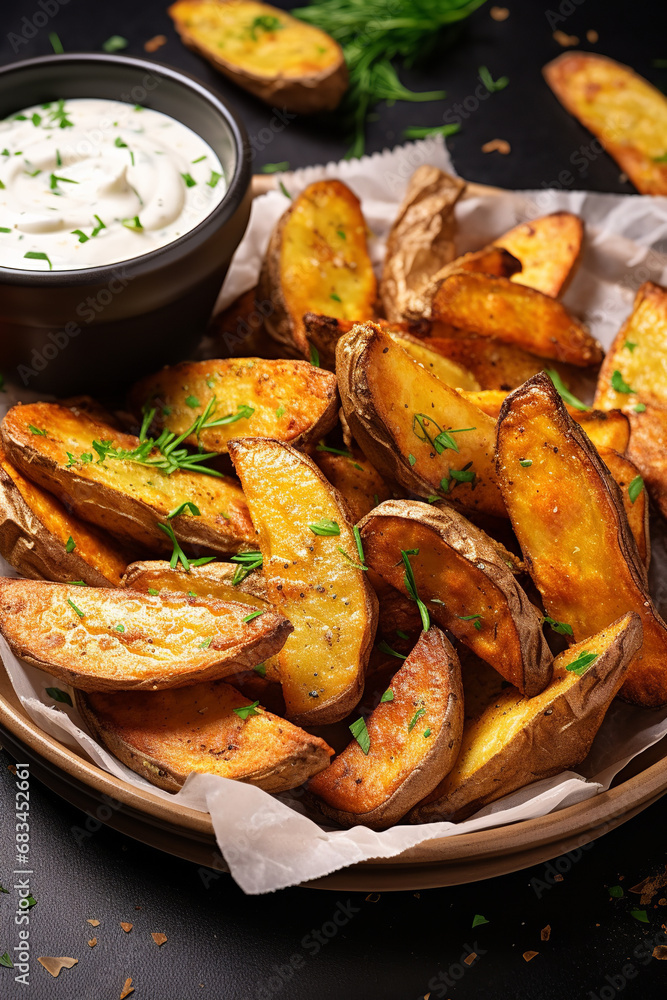 Wall mural Baked potato wedges with herbs and parmesan served with a dipping sauce - Wall murals