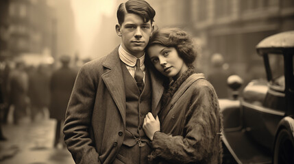 A young couple on the streets in 1920, ai generative