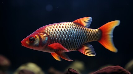 A close-up of a Cherry Barb displaying its striking red and gold coloration, with intricate details of its scales and fins.