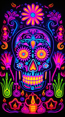 Dia de los muertos poster black light neon claymation. Mexican folk art