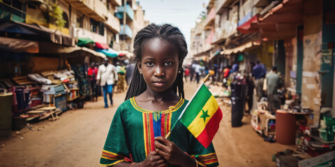 Senegalese girl holding Senegal flag in Dakar street - obrazy, fototapety, plakaty