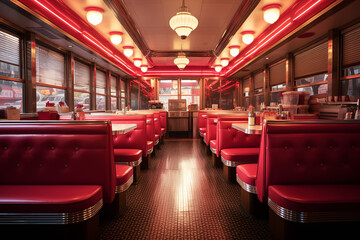 Empty american diner with red booths