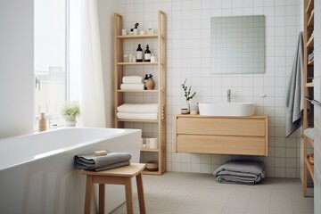 A Scandinavian bathroom with clean lines, minimalist fixtures, and subtle pops of color, exuding a sense of calm and serenity