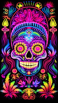 Dia de los muertos poster black light neon claymation. Mexican folk art