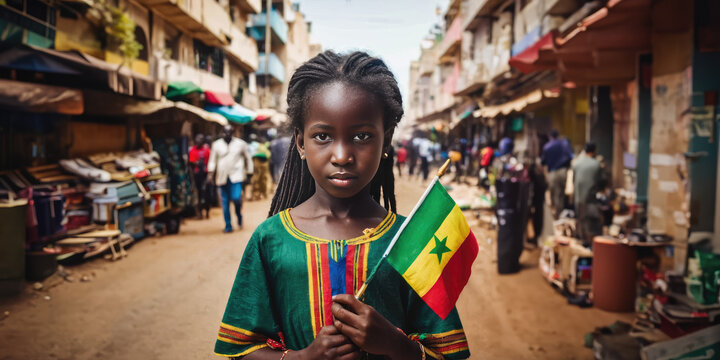 Senegalese girl holding Senegal flag in Dakar street