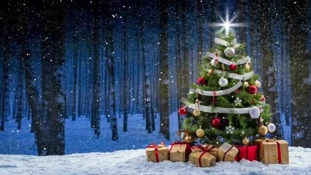 4k Snowy place with Decorated Christmas tree and Santa Claus gifts for people outdoors in nature with lights and snowfall at night shiny particles. 25 December concept for Christianity Xmas background
