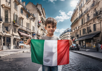 Fototapeta na wymiar Italian boy holding Italy flag in Roma