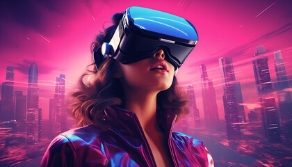 A Girl in VR Glasses in VR Reality in Synthwave Style, Future