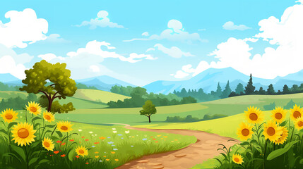 In the middle is a large open space, with a sunflower, some flowers, some plants, parks, roads, trees, grasslands, panoramic view