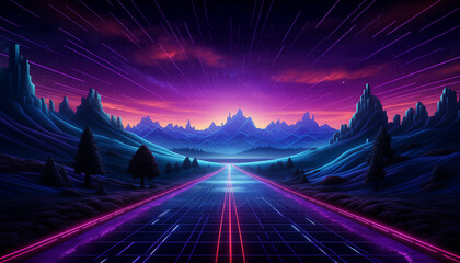 road in the mountains at night in synthwave style