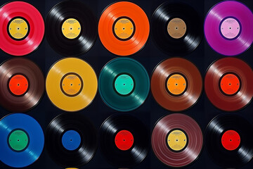 Pattern of many vinyl records. top view 