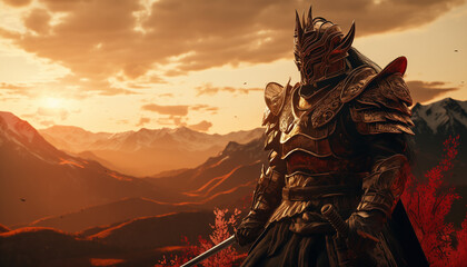 A Samurai Warrior sunset in the mountains golden hour
