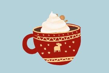 Cute red christmas cup with hot drink, whipped cream on top with gingerbread cookie illustration