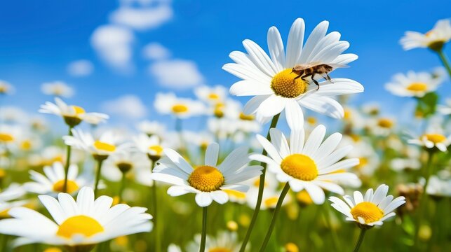 Natural background depicting daisy flower and bees on a sunny day © Voilla